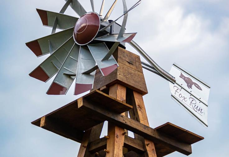 Windmill crafted from reclaimed barn beams