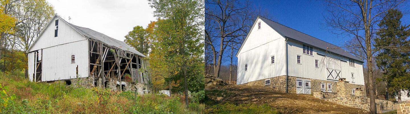 The before / after pictures of a restored barn.